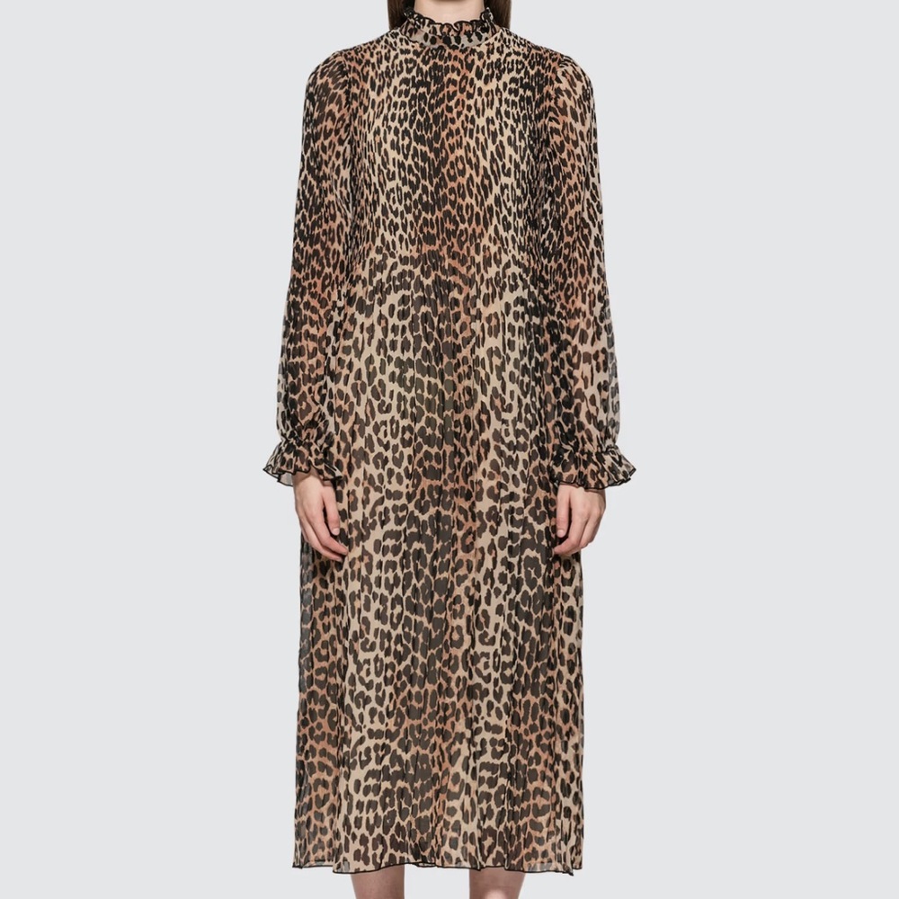 Ganni Leopard Pleated Georgette Dress